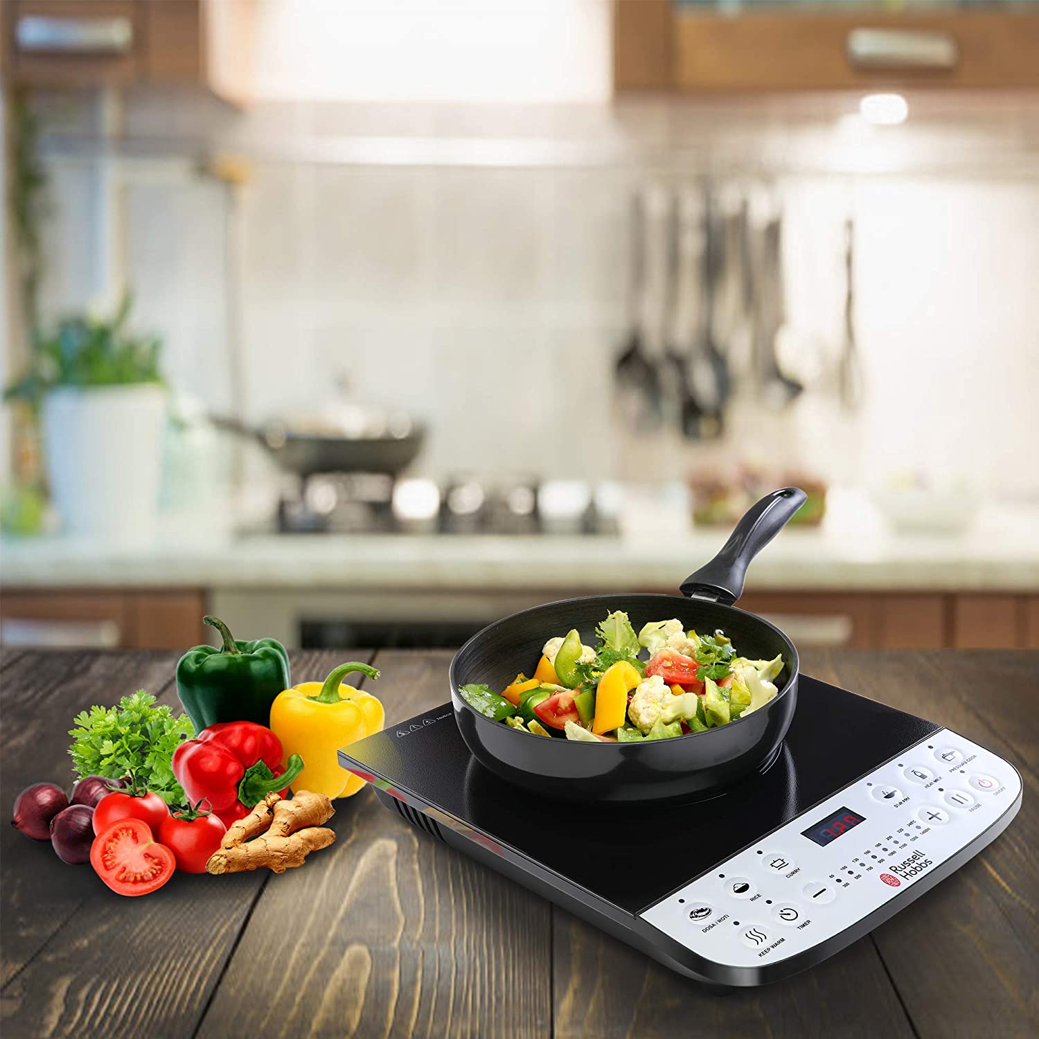 Russell Hobbs RIC1400X - 1400 Watt Induction Cooktop with LED Display and Push Button, Black&white