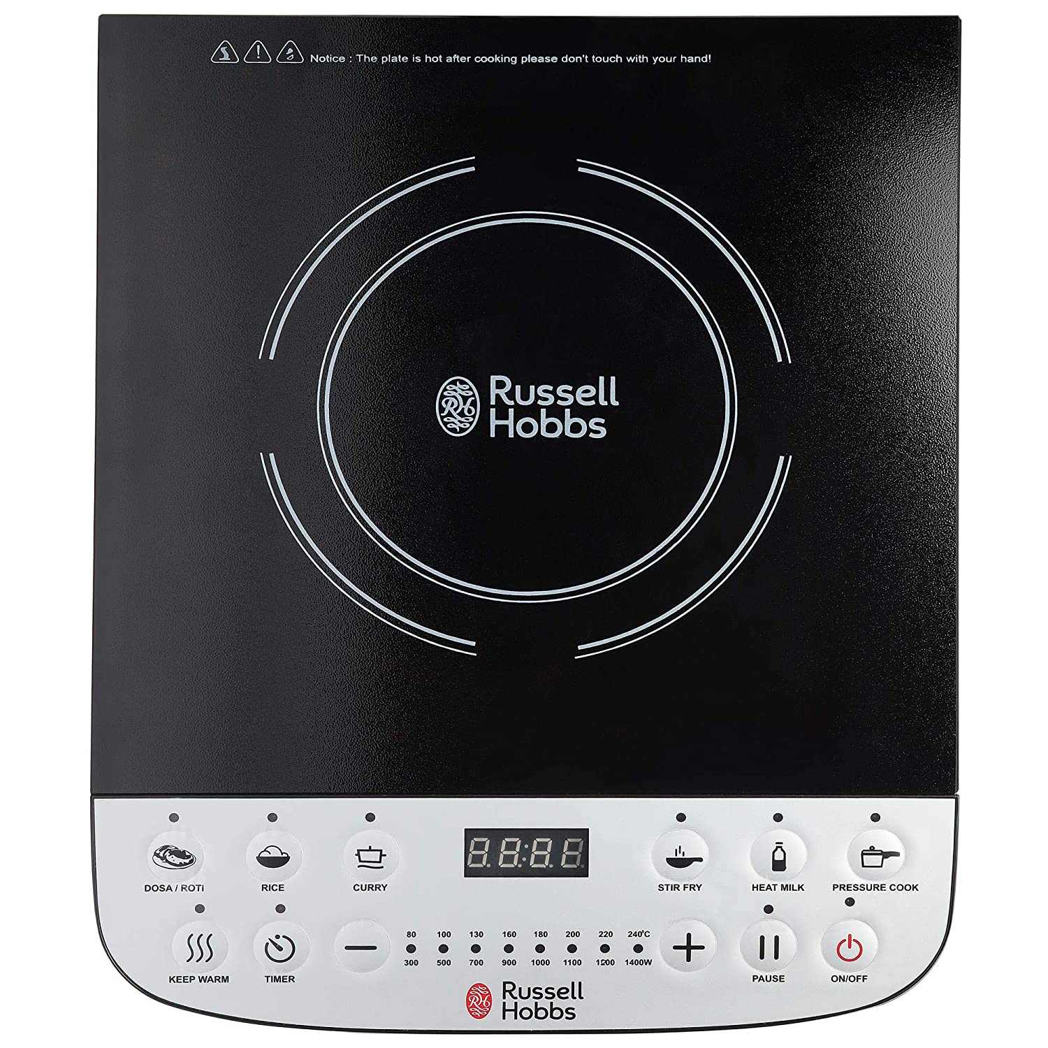 Russell Hobbs RIC1400X - 1400 Watt Induction Cooktop with LED Display and Push Button, Black&white